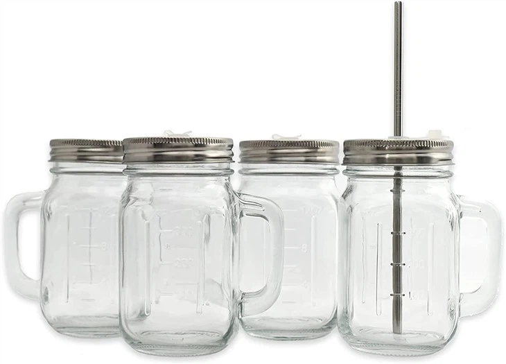 4 Pcs Gosod Jar Mason Gwydr Gyda Handle