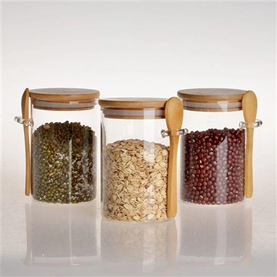 Jariau Gwydr gyda Chaeadau a Llwyau Bambŵ