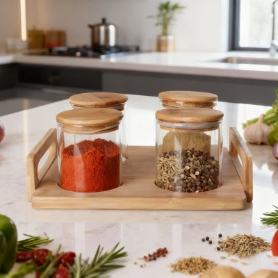 Storio Gwydr Crwn 4 Darn Gyda Hambwrdd Pren